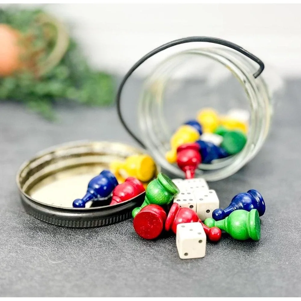 Vintage‎ Board Game Pieces in Mason Jar: Trinket Shelf Decor